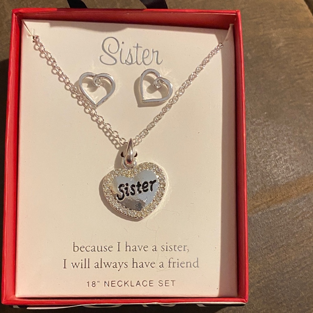 Silver Heart Sister Necklace and Earring Set